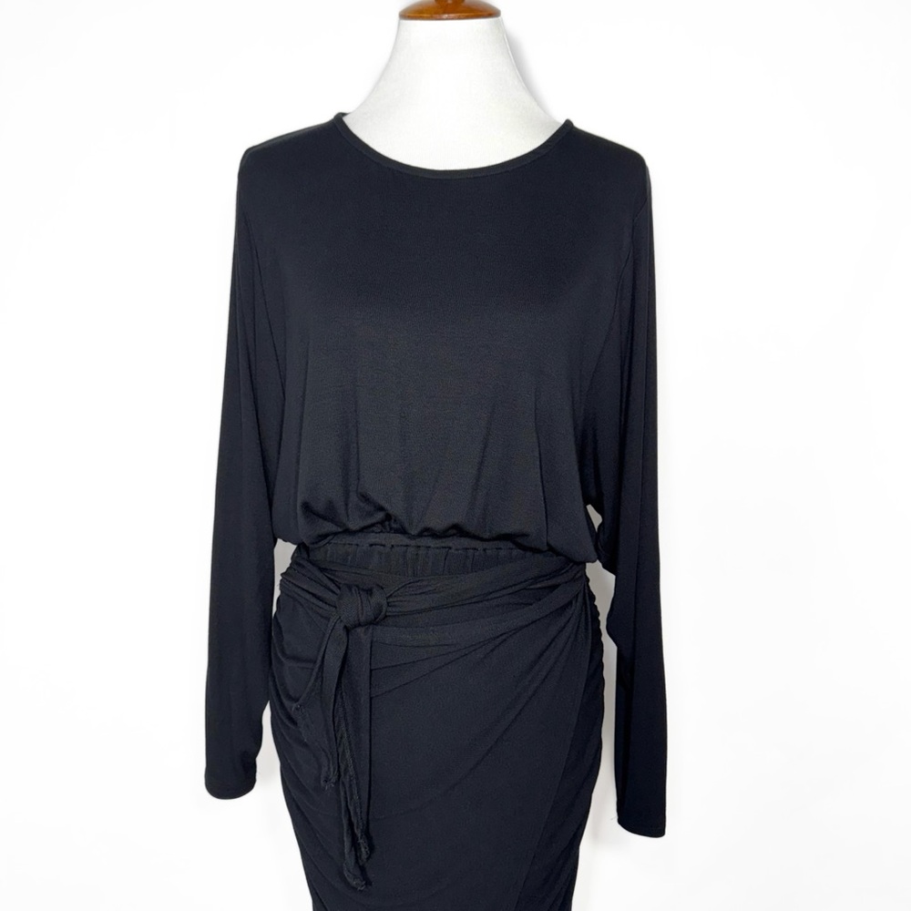 NWT Free People Black Wrap Tie Waist Dolman Long Sleeve Knit LBD Mini Dress M - Picture 4 of 12